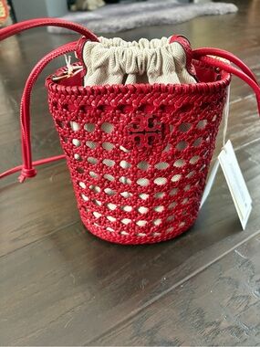 Tory Burch Red Woven Bucket Mini Crossbody/shoulder bag